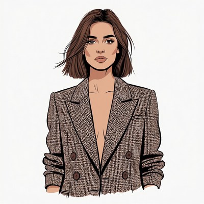 Woman in deep V-neck tweed blazer