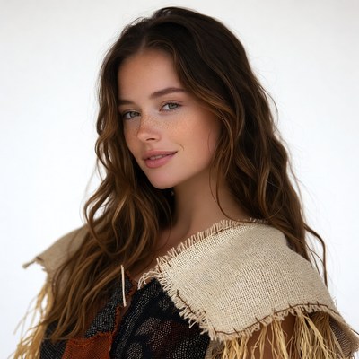Woman with wavy brown hair and fringed shoulders