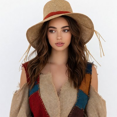 Woman wearing straw hat and patchwork top