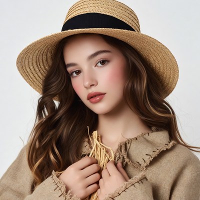 Girl wearing straw hat holding wheat
