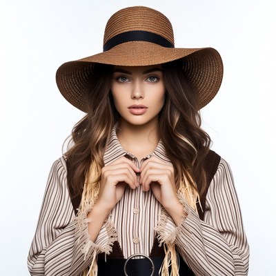 Woman wearing wide-brim straw hat