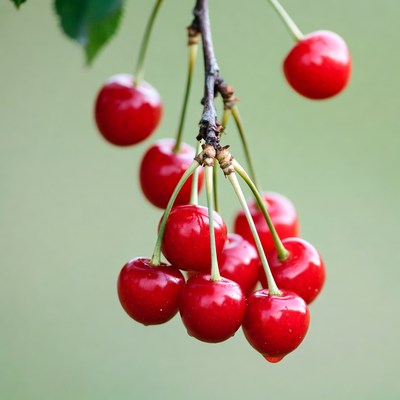 Ripe red cherries hanging on branch