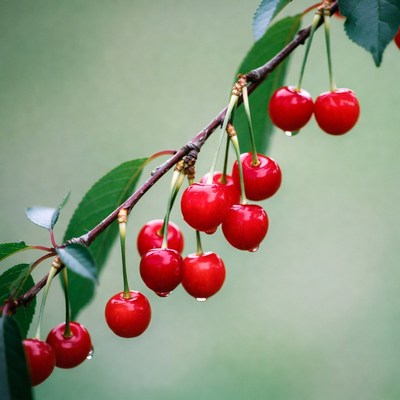 Red Cherries on Branch with Dew