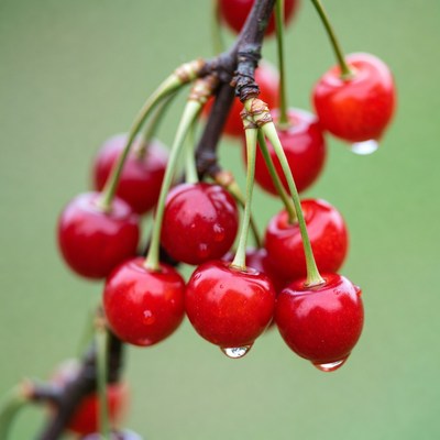 Fresh Red Cherries on Branch