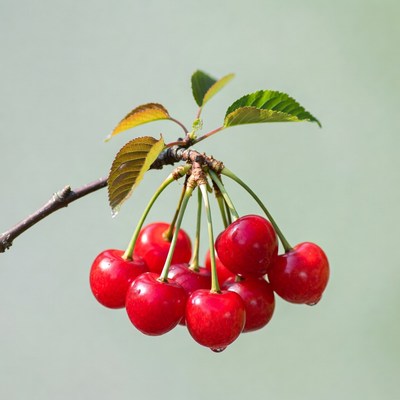 Fresh red cherries on branch