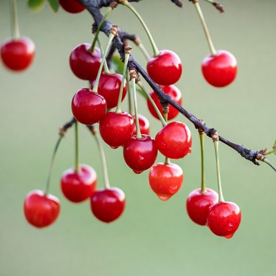 Ripe red cherries on tree branch