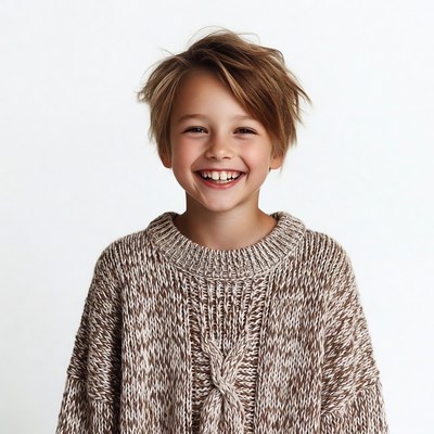 Smiling boy in chunky knit sweater