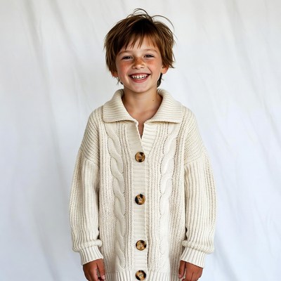 Boy smiling in cable knit sweater