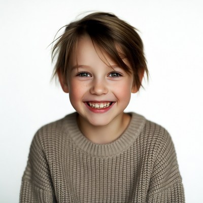 Smiling boy in beige sweater
