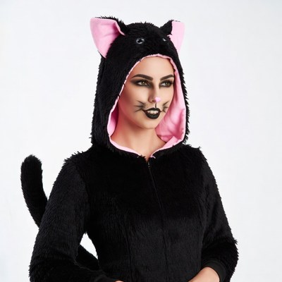 Woman in black cat hoodie costume