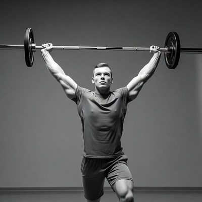 Muscular man overhead barbell lift