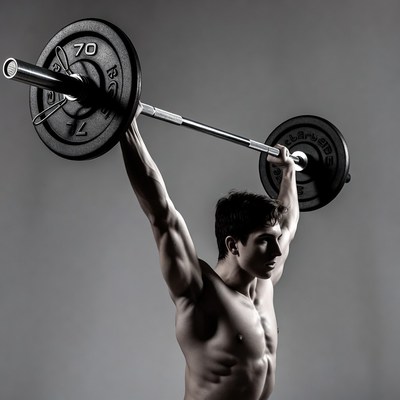 Muscular man overhead barbell lift