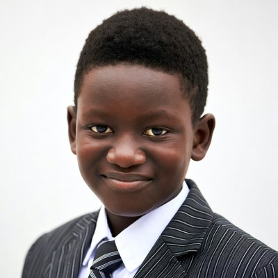 African boy in pinstripe suit smiling