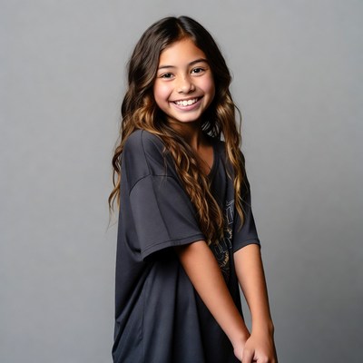 Smiling Asian girl in gray t-shirt