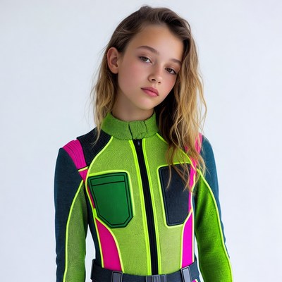 Teen girl in colorful neon jumpsuit