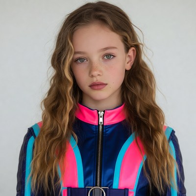 Girl in shiny blue pink jumpsuit