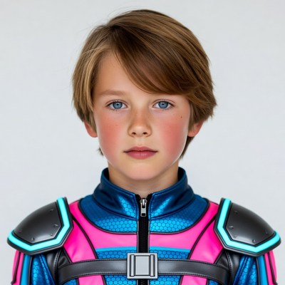 Boy in blue futuristic armor suit
