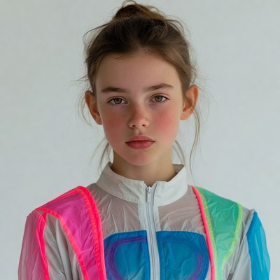 Teen girl in colorful shiny jacket