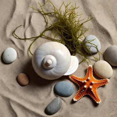 Seashell Starfish Seaweed Pebbles on Sand
