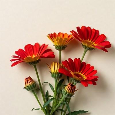 Red Orange Gerbera Daisies on White Background