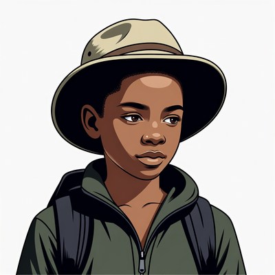 African boy in safari hat and backpack
