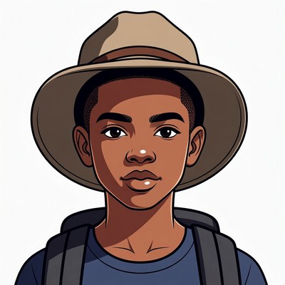 African-American boy wearing hat and backpack