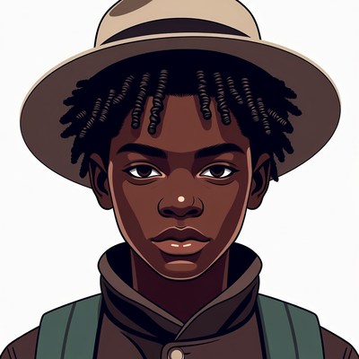 African boy in hat and backpack