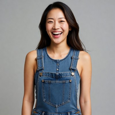 Asian woman smiling in denim overalls