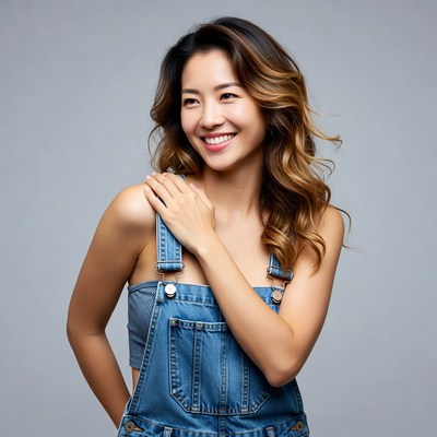 Asian woman smiling in denim overalls
