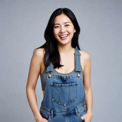 Asian woman smiling in denim overalls