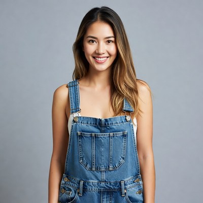 Asian woman in denim overalls smiling