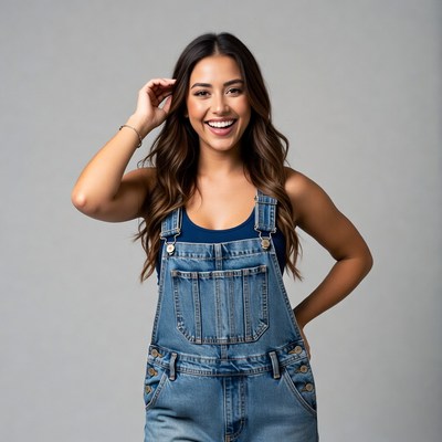Latina woman smiling in blue overalls