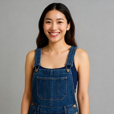 Asian woman smiling in denim overalls