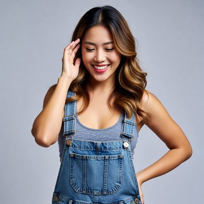 Asian woman smiling in denim overalls