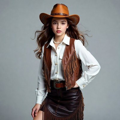 Young woman in cowboy hat and fringe vest