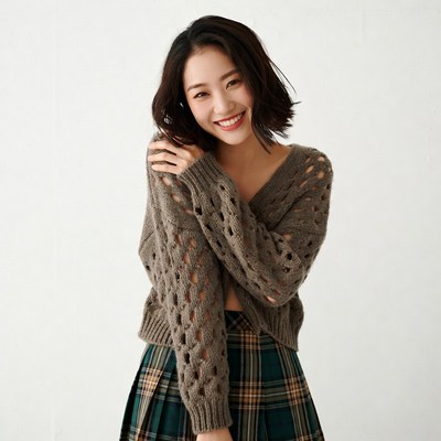 Asian woman smiling in knit sweater skirt