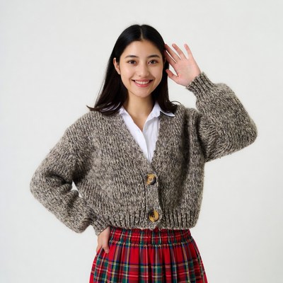 Asian woman waving in gray cardigan