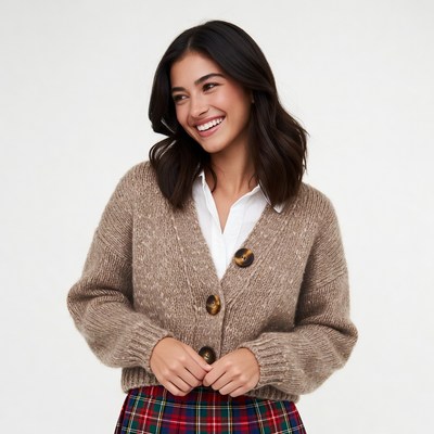 Asian woman smiling in beige cardigan