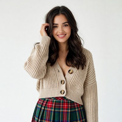 Smiling woman in beige cardigan plaid skirt