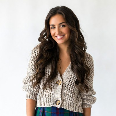 Smiling woman in knit cardigan and plaid skirt