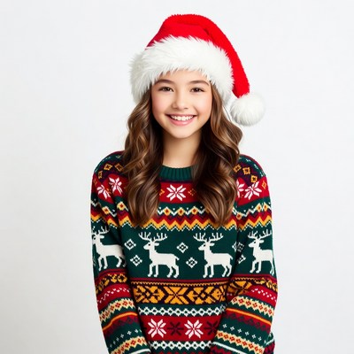 Asian girl in Santa hat and reindeer sweater