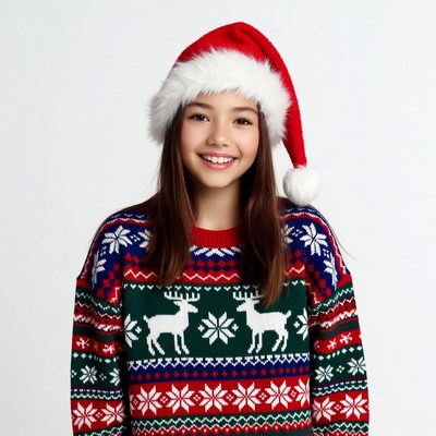 Asian girl in Santa hat and reindeer sweater