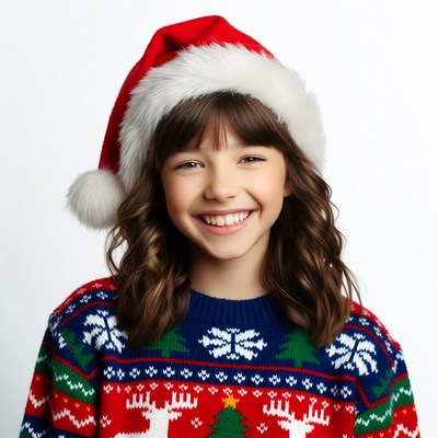 Girl smiling in Santa hat and reindeer sweater