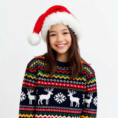Asian girl smiling in Santa hat