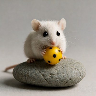 White mouse holding yellow ball