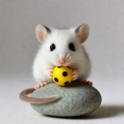 White mouse holding yellow soccer ball