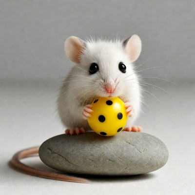 White mouse holding yellow polka dot ball