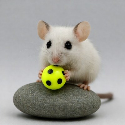 White mouse holding yellow soccer ball