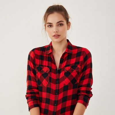 Woman in red plaid shirt