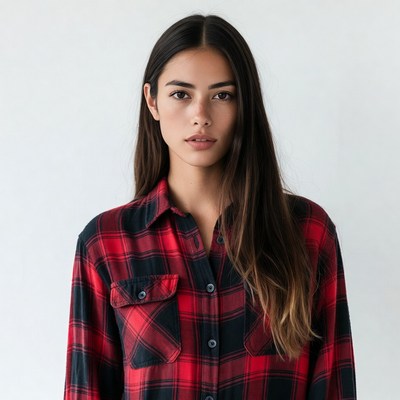 Woman in red plaid shirt